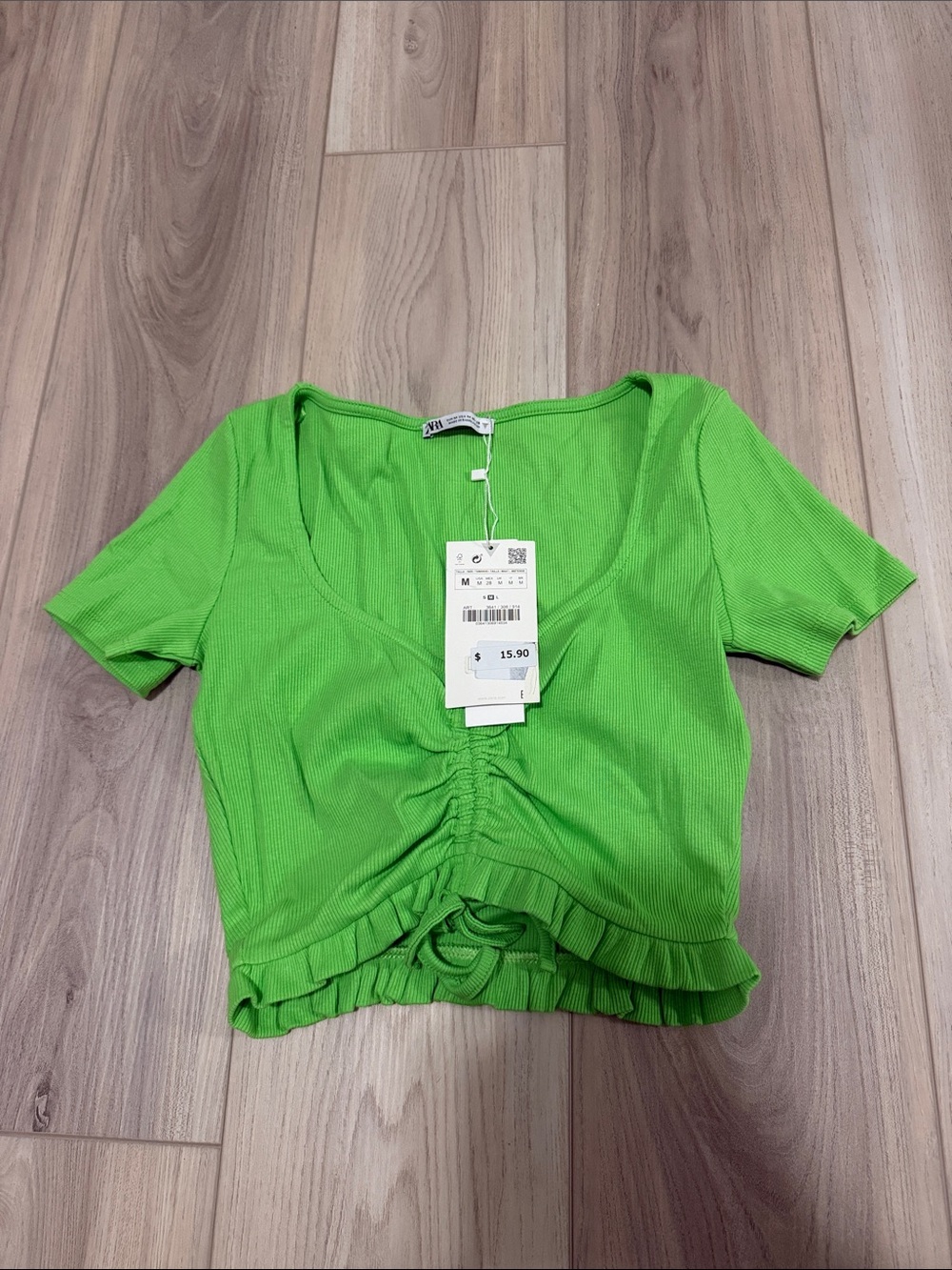 Zara Bright Green Ruched Ruffle Crop Top